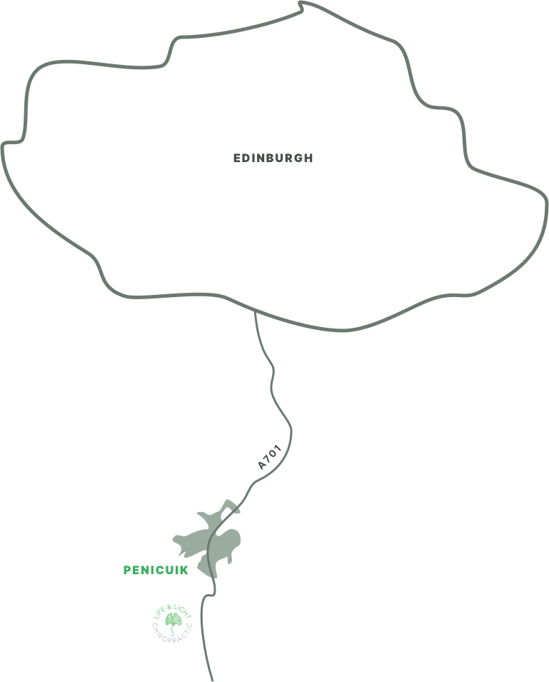 Minimalist map of the Life & Light Chiropractic location in relation to Edinburgh. It's south, along the A707.
